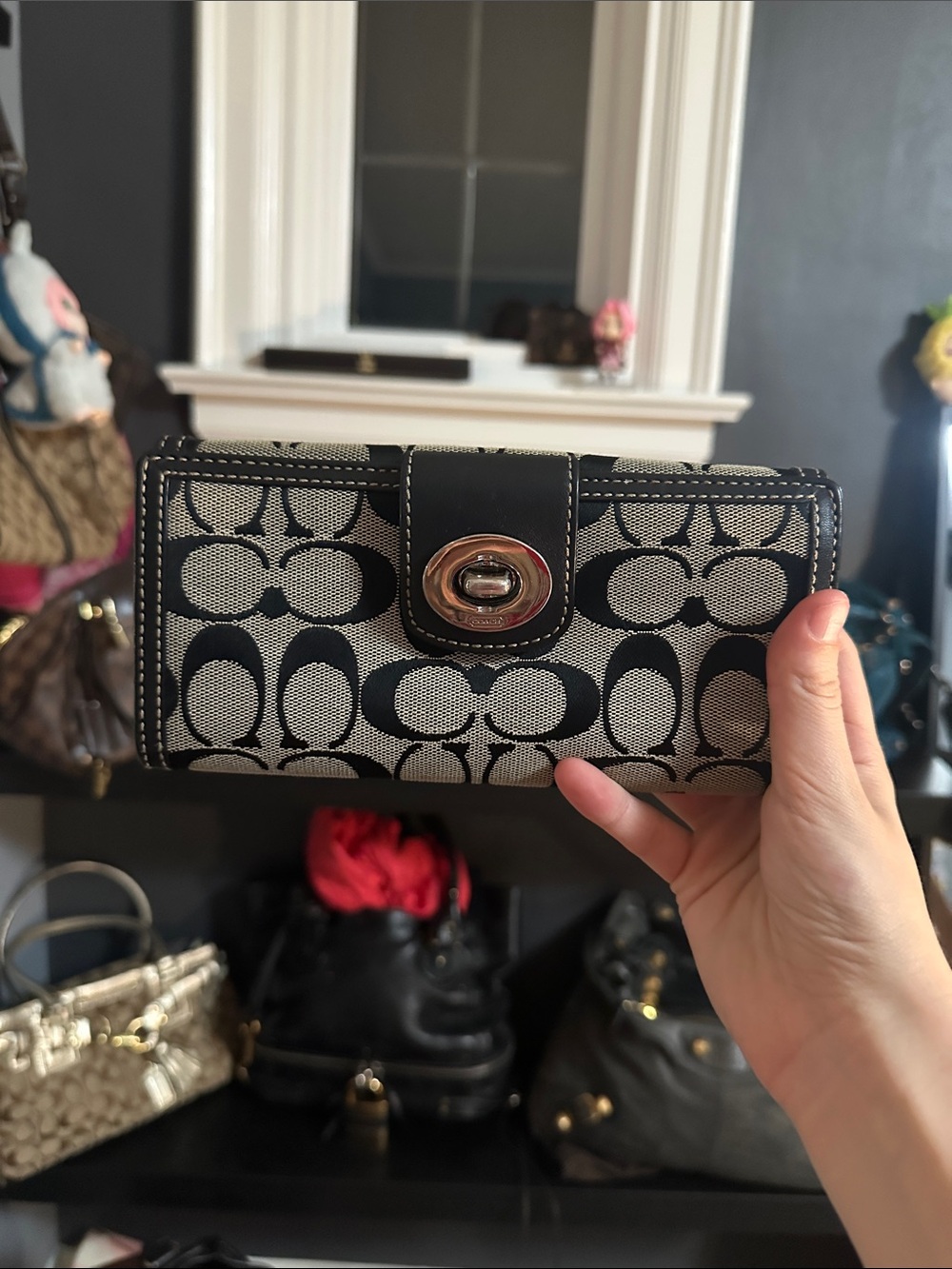 Coach Black and grey Signature Canvas Turnlock Wallet